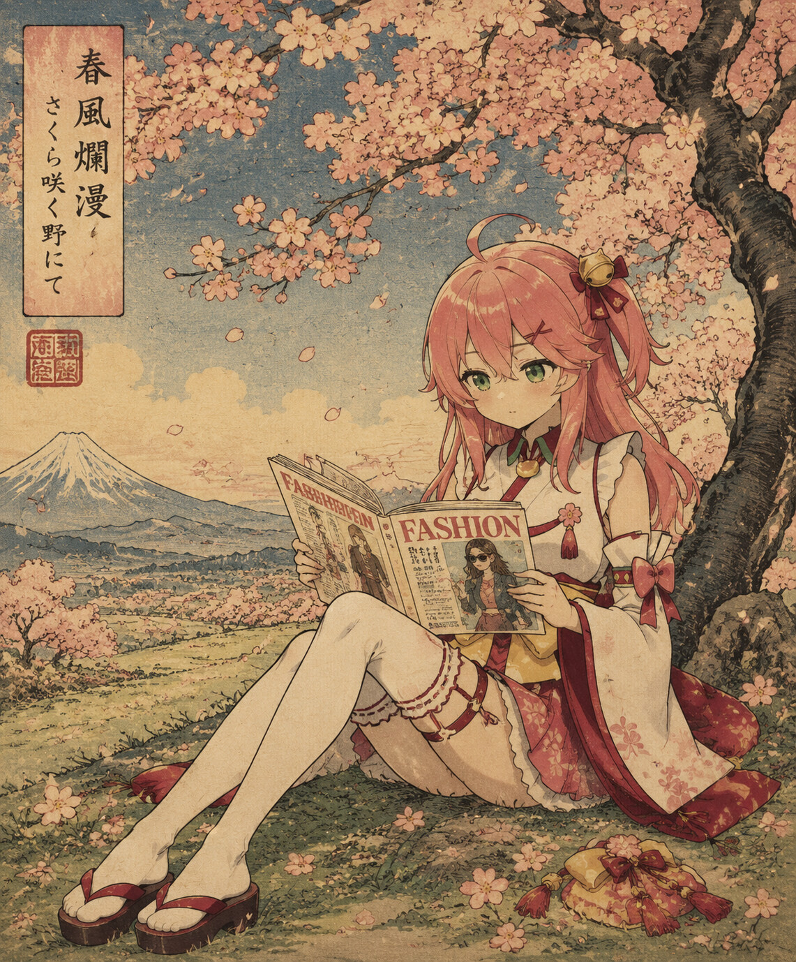 Browsing a modern fashion magazine in a quiet field of blooming cherry blossoms (ukiyo-e woodblock print style)