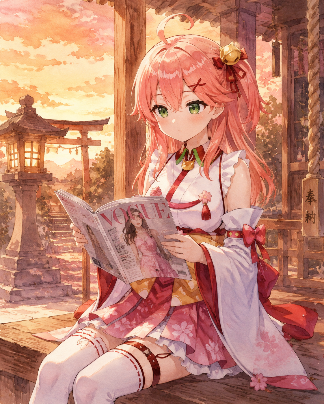 Browsing a modern fashion magazine In a traditional shrine during sunset (watercolor anime, soft lighting)