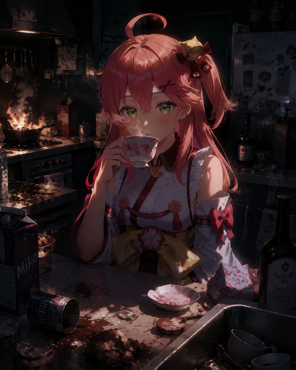 Drinking warm cherry blossom tea At a chaotic modern kitchen station (cinematic noir, dramatic shadows)