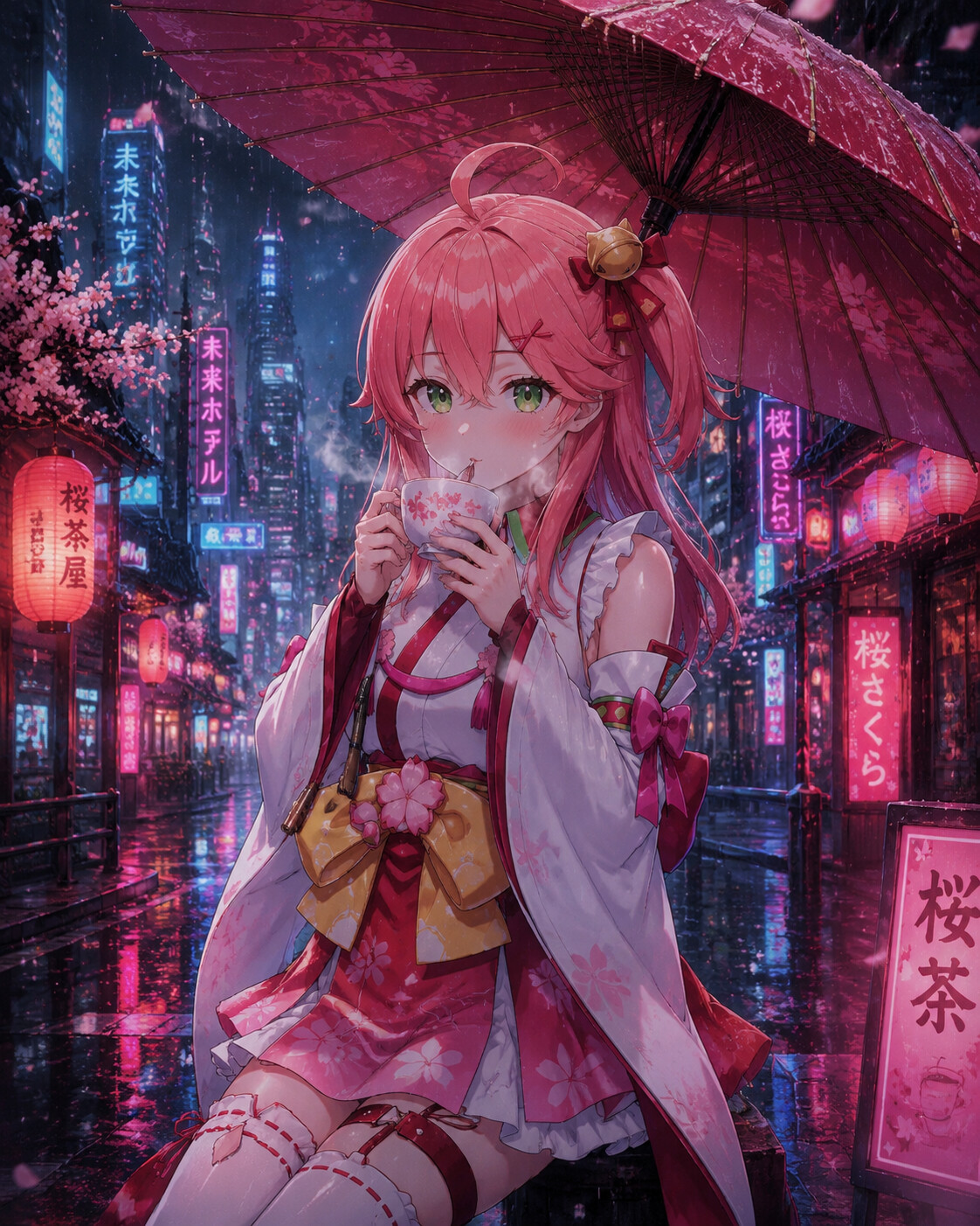 Drinking warm cherry blossom tea on a rainy street under a paper umbrella (cyberpunk aesthetic)