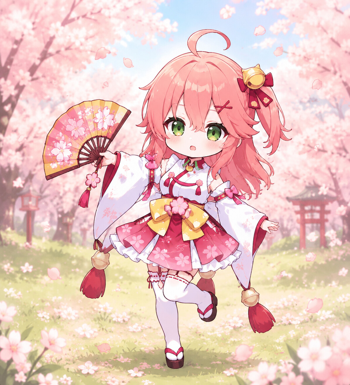 Performing a ritual dance with a ceremonial fan in a quiet field of blooming cherry blossoms (chibi cute)