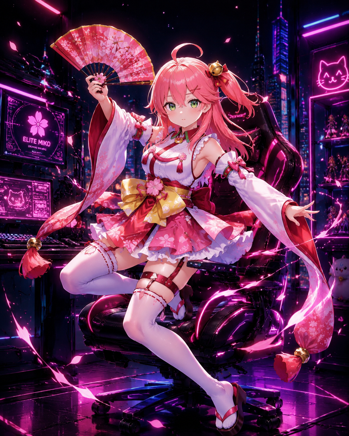 Performing a ritual dance with a ceremonial fan On a high-tech gaming chair in a dark room (cyberpunk aesthetic, neon glow)