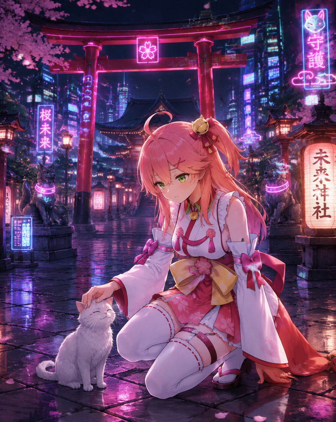 Petting a small stray white cat in a grand Shinto temple courtyard (cyberpunk aesthetic)