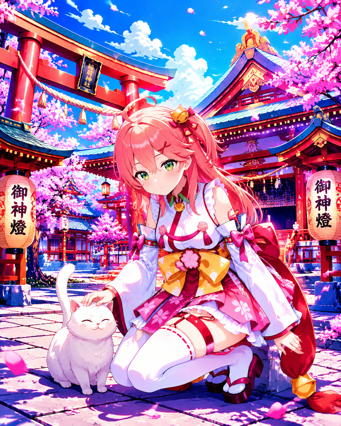 Petting a small stray white cat in a grand Shinto temple courtyard (vibrant pop art)