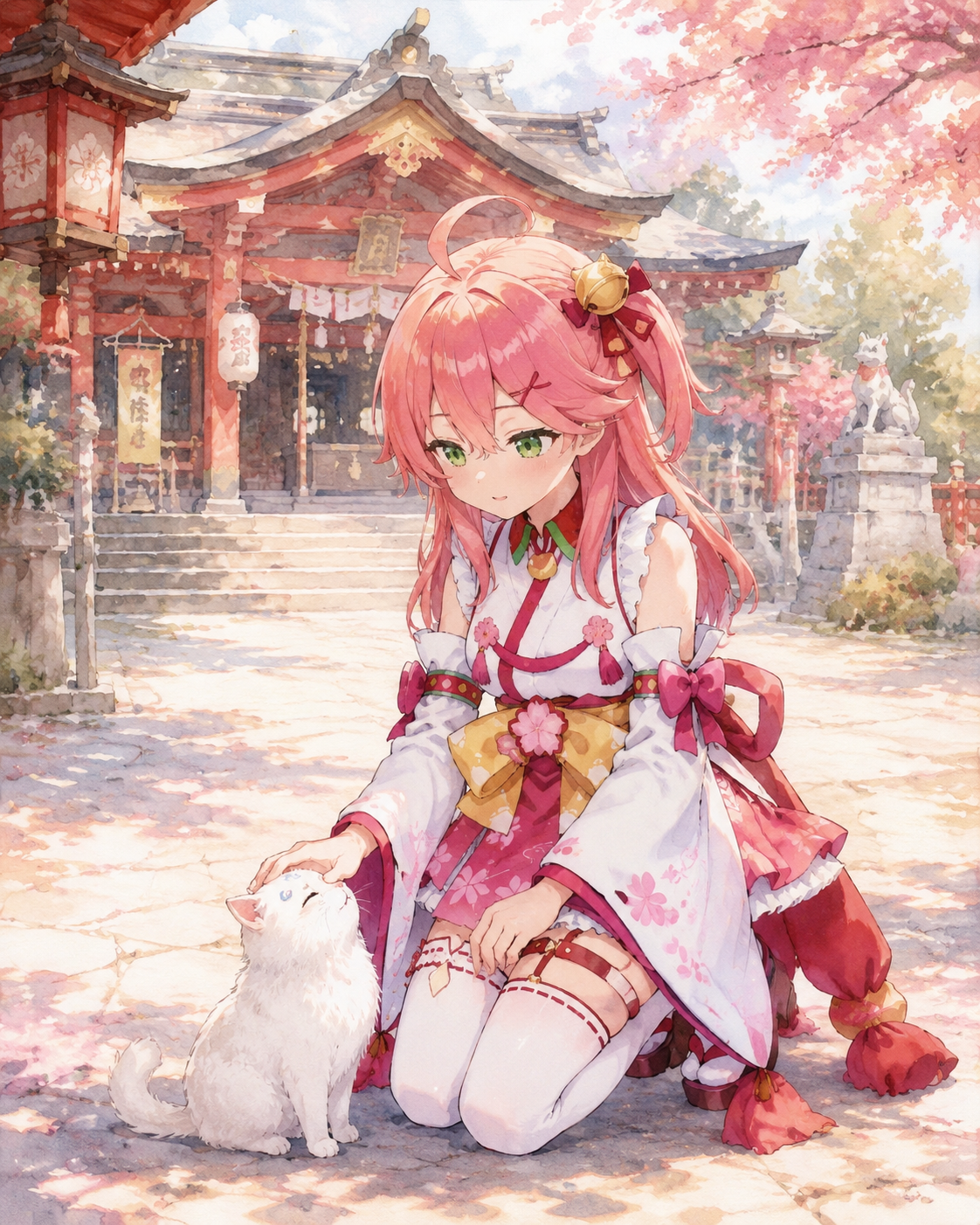 Petting a small stray white cat In a grand Shinto temple courtyard (watercolor anime, soft lighting)