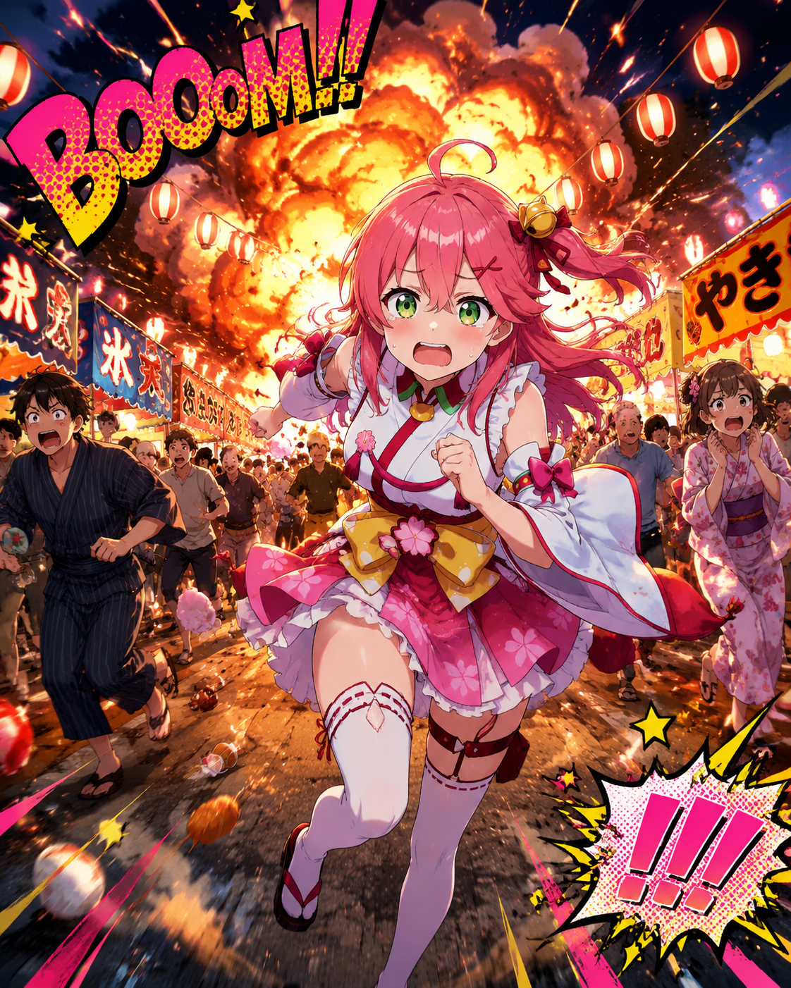 Running frantically away from a massive explosion At a crowded summer festival night (vibrant pop art, high saturation)