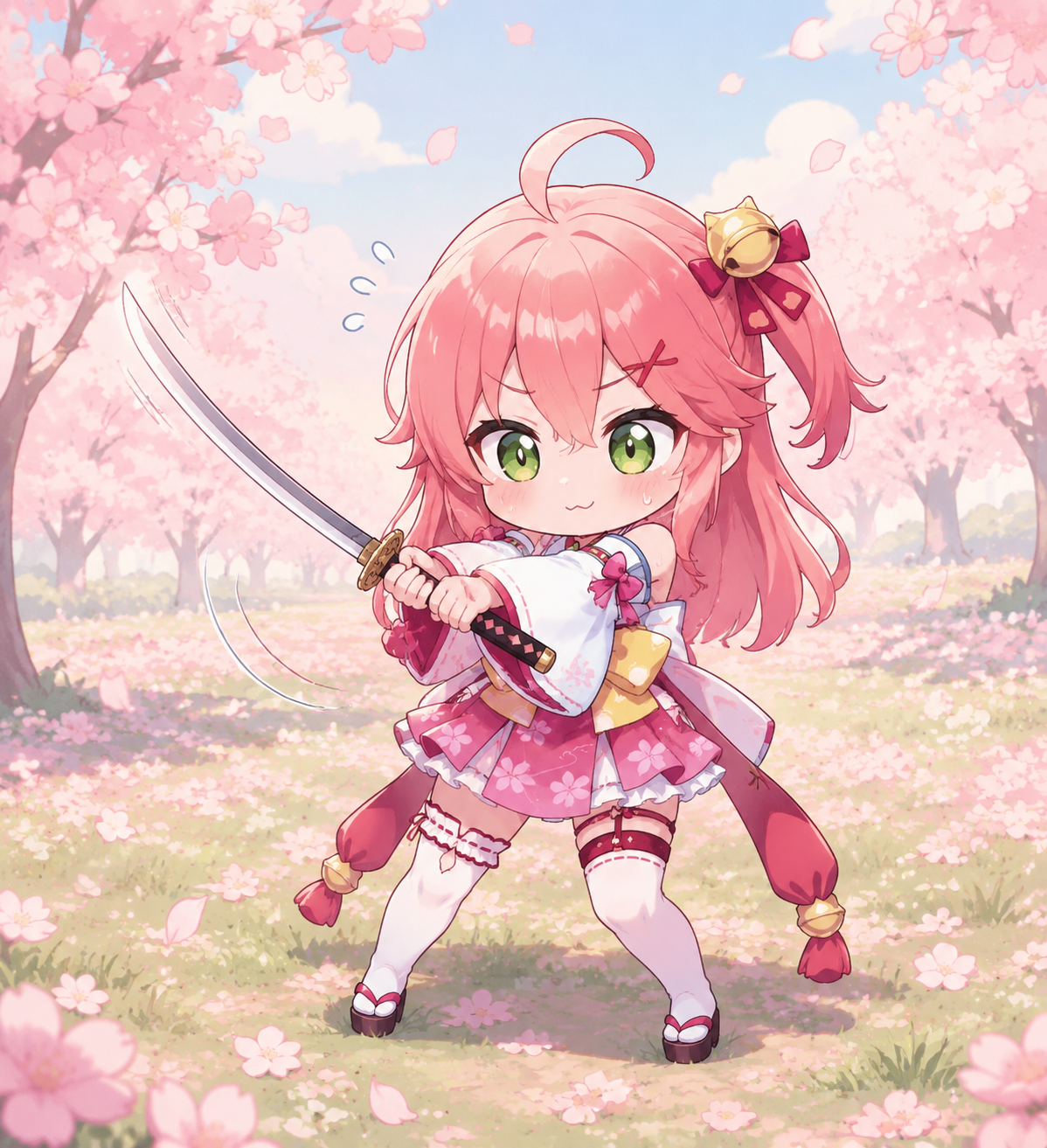 Wielding a katana with clumsy determination In a quiet field of blooming cherry blossoms (chibi cute, pastel colors)