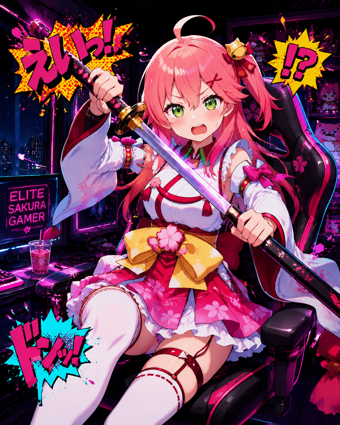 Wielding a katana with clumsy determination on a high-tech gaming chair in a dark room (vibrant pop art)