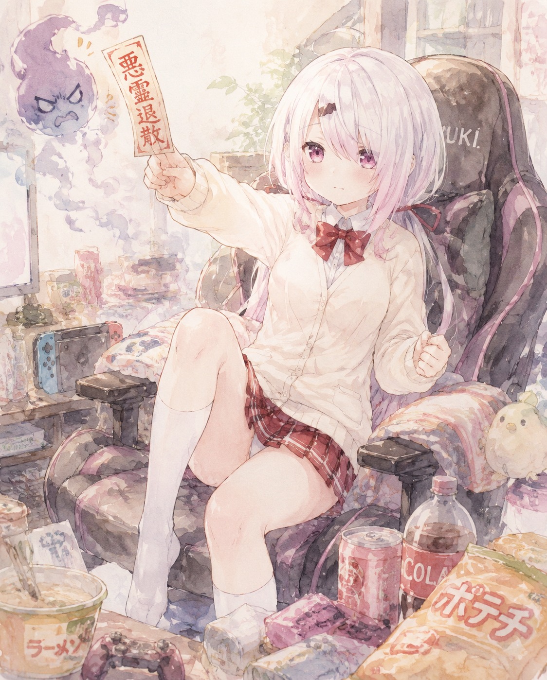 Banishing a grumpy spirit with a paper talisman On a cluttered gaming chair surrounded by snacks (soft watercolor wash, ethereal morning light)