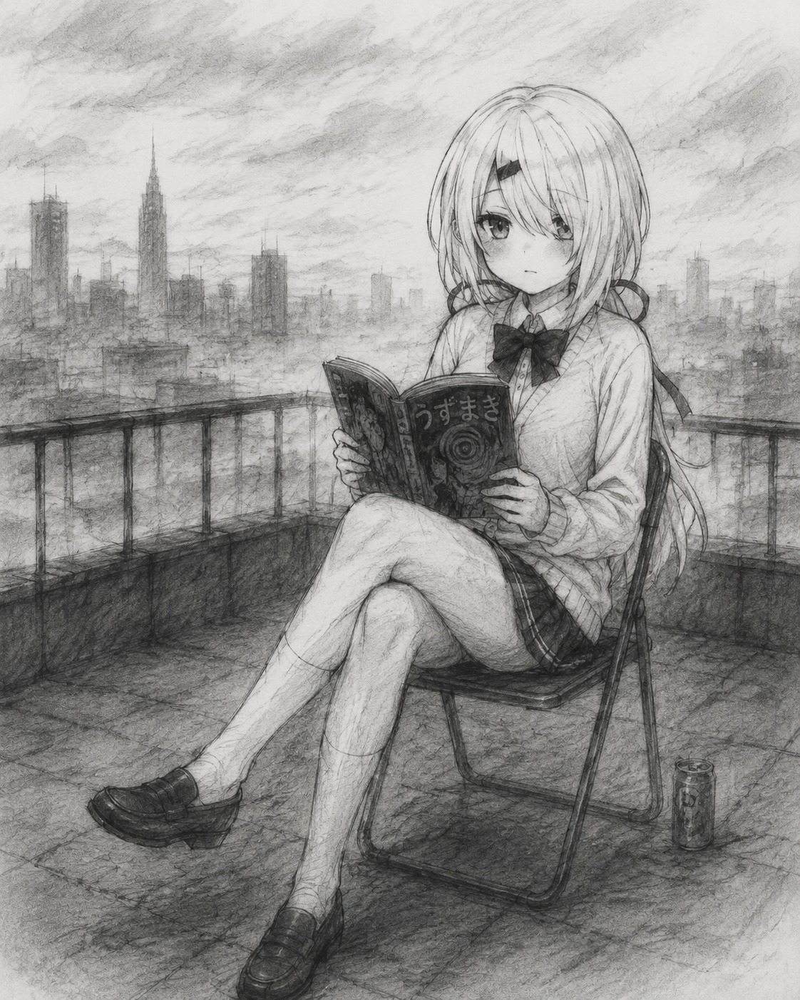 Reading a horror manga with a bored expression On a rooftop overlooking a foggy city skyline (sketchy charcoal drawing, minimalist monochrome)