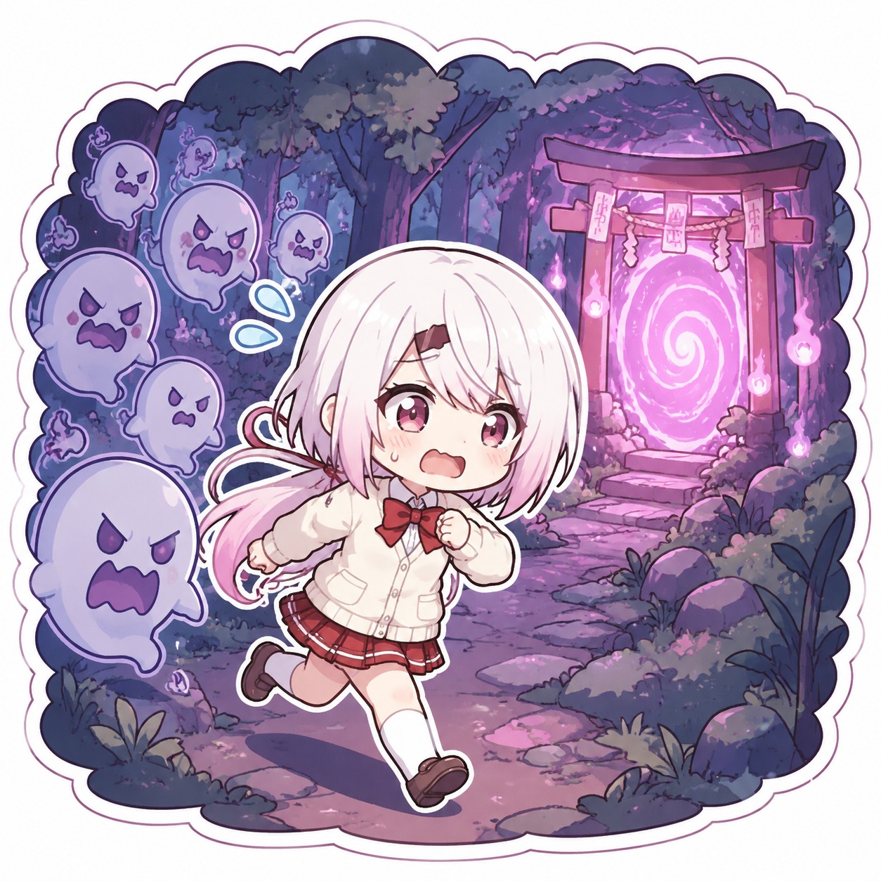Running away from a swarm of angry ghosts At a glowing spirit portal hidden deep in the woods (chibi sticker art style, thick outlines and pastel colors)