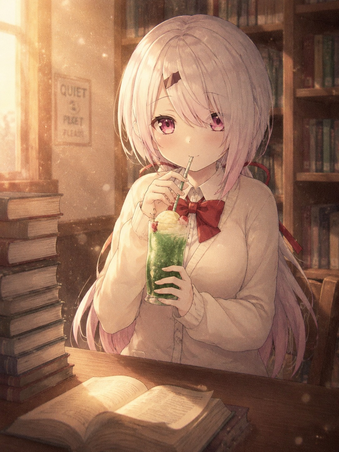 Sipping lukewarm melon soda through a straw In a quiet library corner with dancing dust motes (lo-fi aesthetic illustration, grainy texture and warm glow)