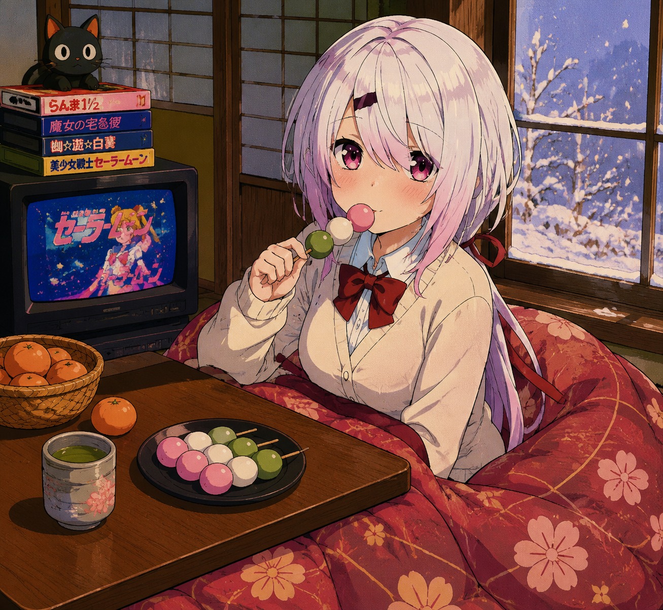 Snacking on multicolored dango skewers Under a cozy kotatsu during a snowy afternoon (vibrant 90s retro anime style, cel shaded)