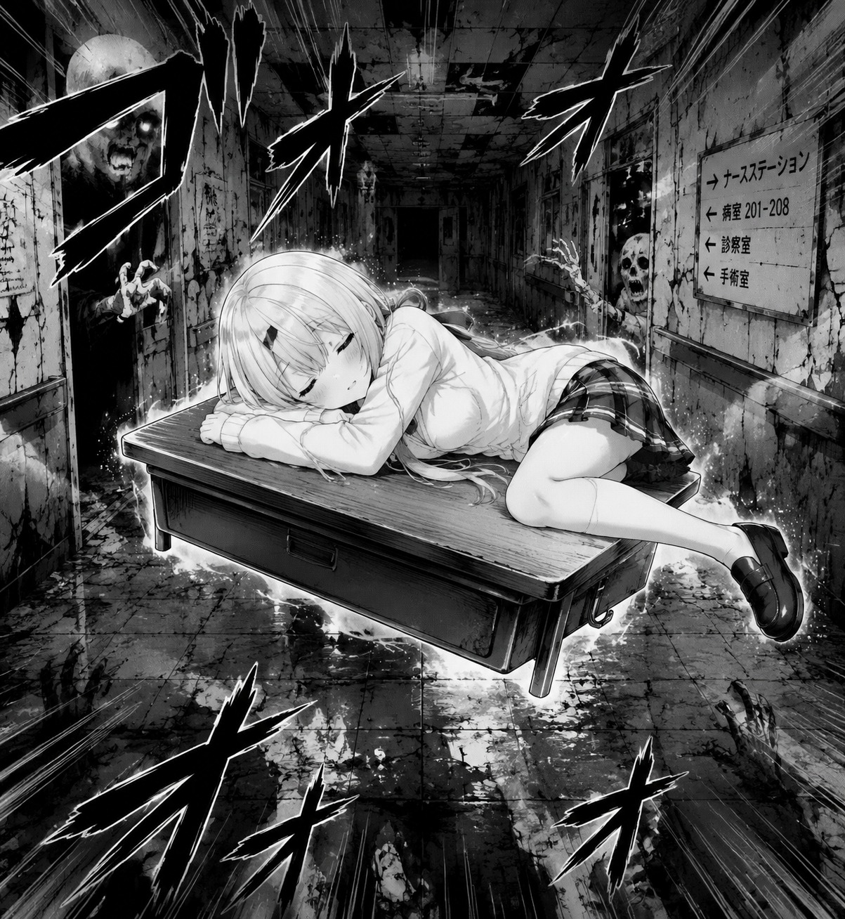 Taking a peaceful nap on a floating desk In a haunted abandoned hospital corridor (dynamic shonen manga style, high contrast screentone)