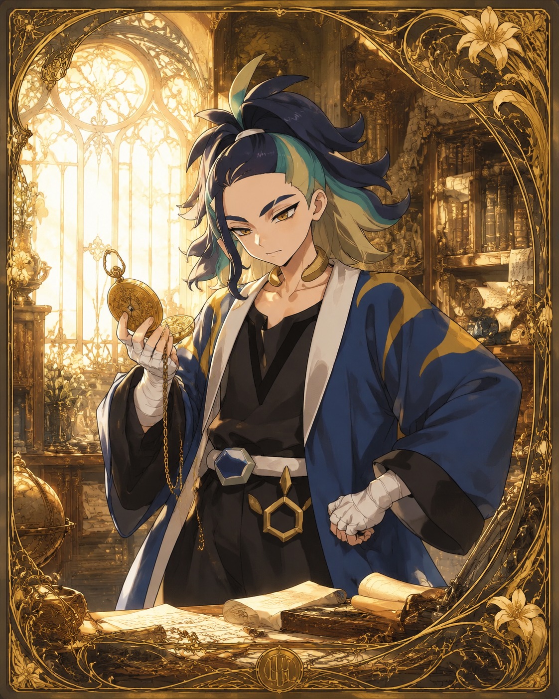 Checking his golden pocket watch impatiently In a sun-drenched library filled with old scrolls (ornate Art Nouveau illustration with golden filigree)