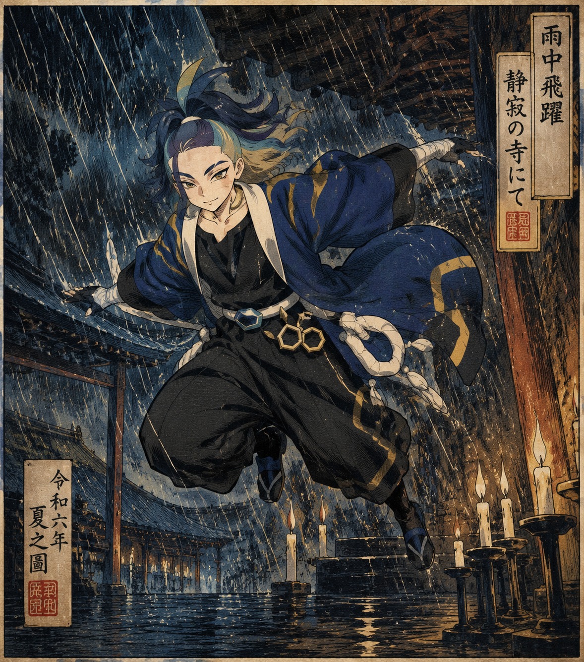 Leaping through a torrential summer rainstorm In a silent temple illuminated by candlelight (vibrant ukiyo-e print with bold ink lines)