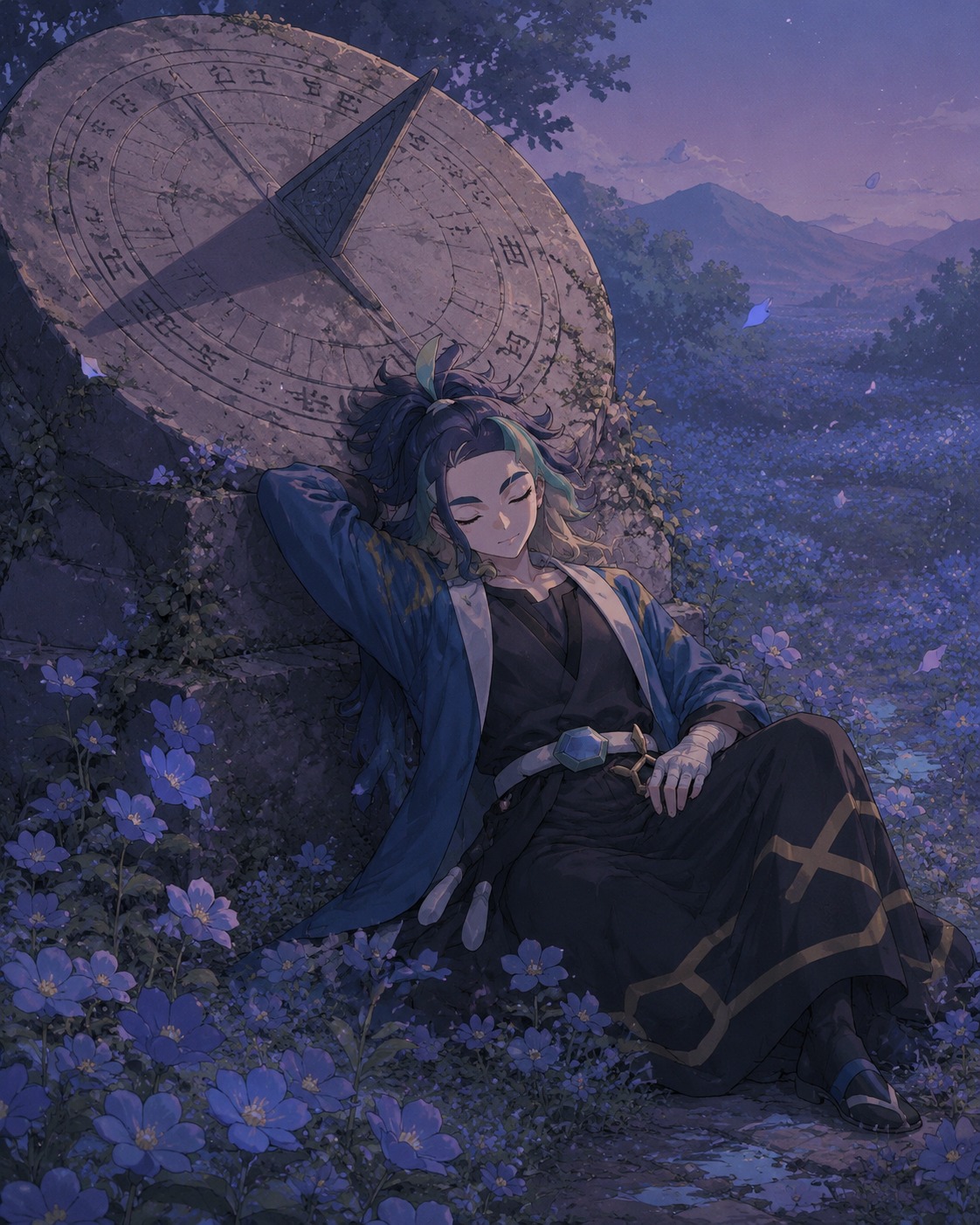 Napping against a giant stone sundial In a hidden meadow of vibrant blue flowers (lo-fi aesthetic with muted purple and blue tones)