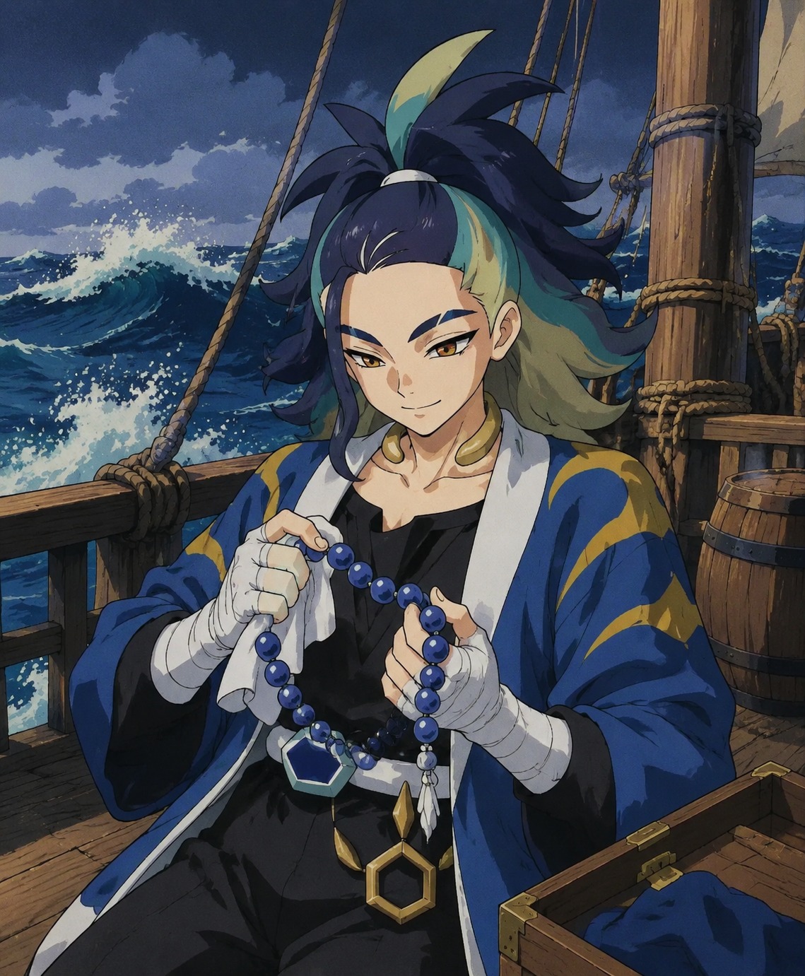 Polishing the blue beads on his necklace On the deck of a wooden ship in high seas (90s retro anime style with cel shading)