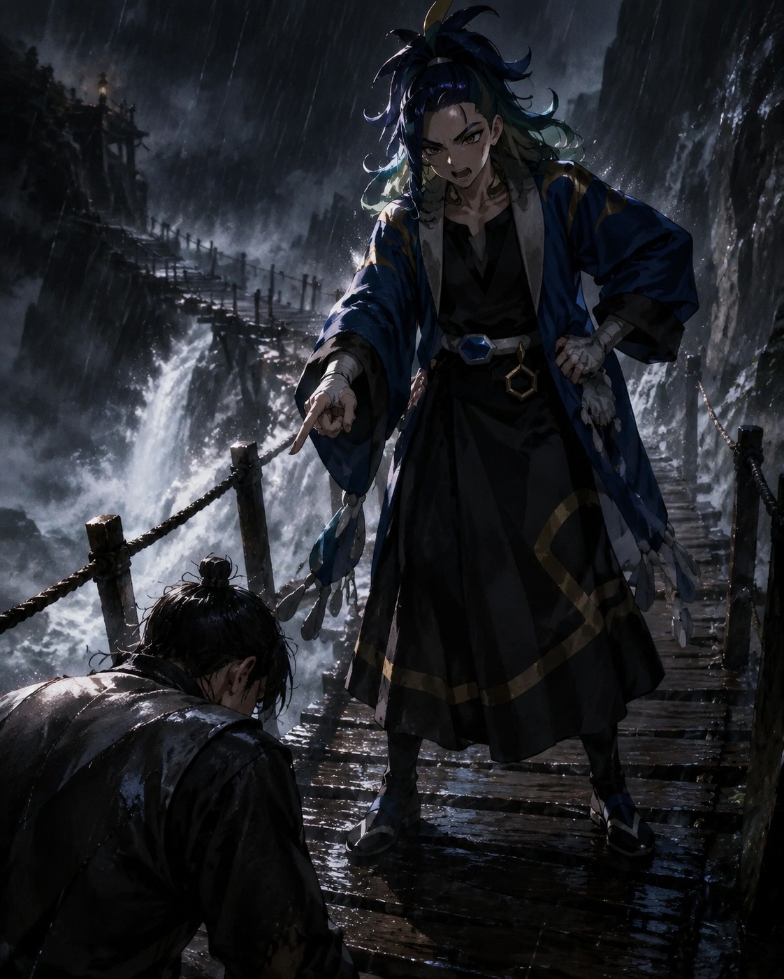 Scolding a subordinate for wasting precious time On a rickety bridge over a rushing waterfall (gritty cinematic digital paint with intense chiaroscuro)