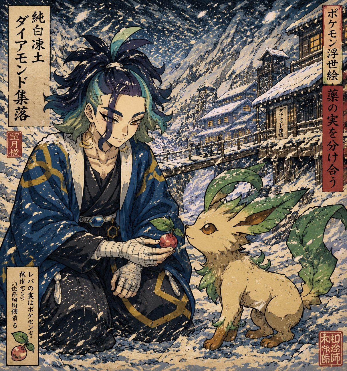 Sharing a medicinal leppa berry with his leafeon At the Diamond Settlement during a harsh blizzard (vibrant ukiyo-e print with bold ink lines)