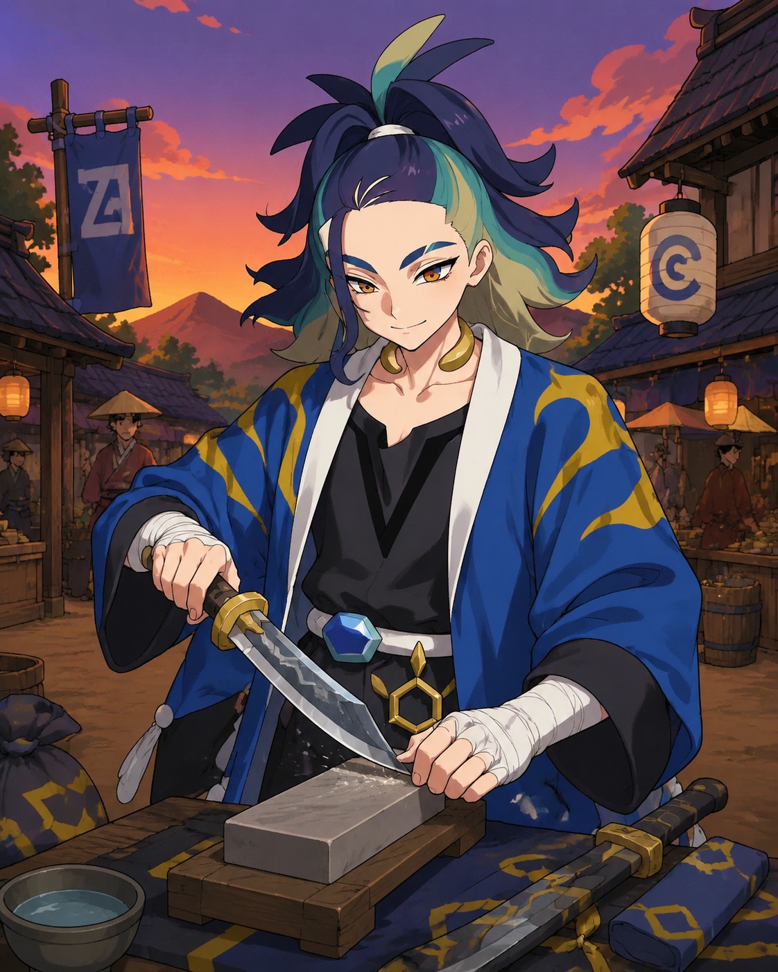 Sharpening a ceremonial hunting knife At a traditional Hisuian marketplace at dusk (clean vector art using flat vibrant colors)
