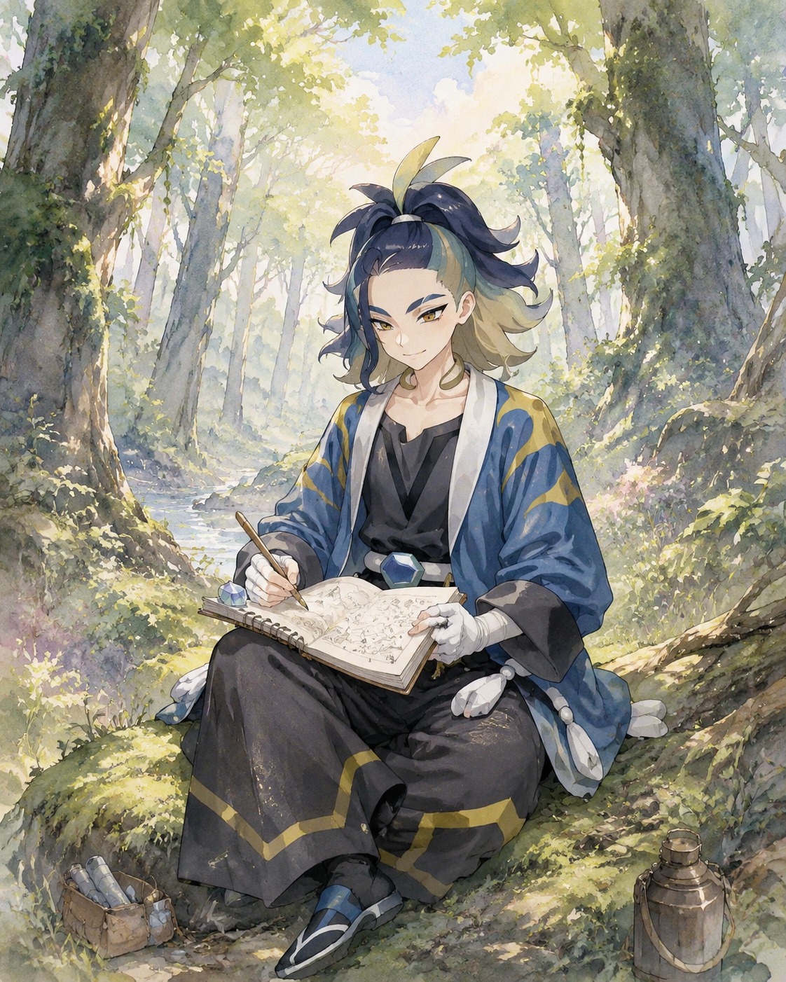Sketching a route through the obsidian fieldlands In a dense ancient forest at high noon (dreamy watercolor with soft pastel sunlight)