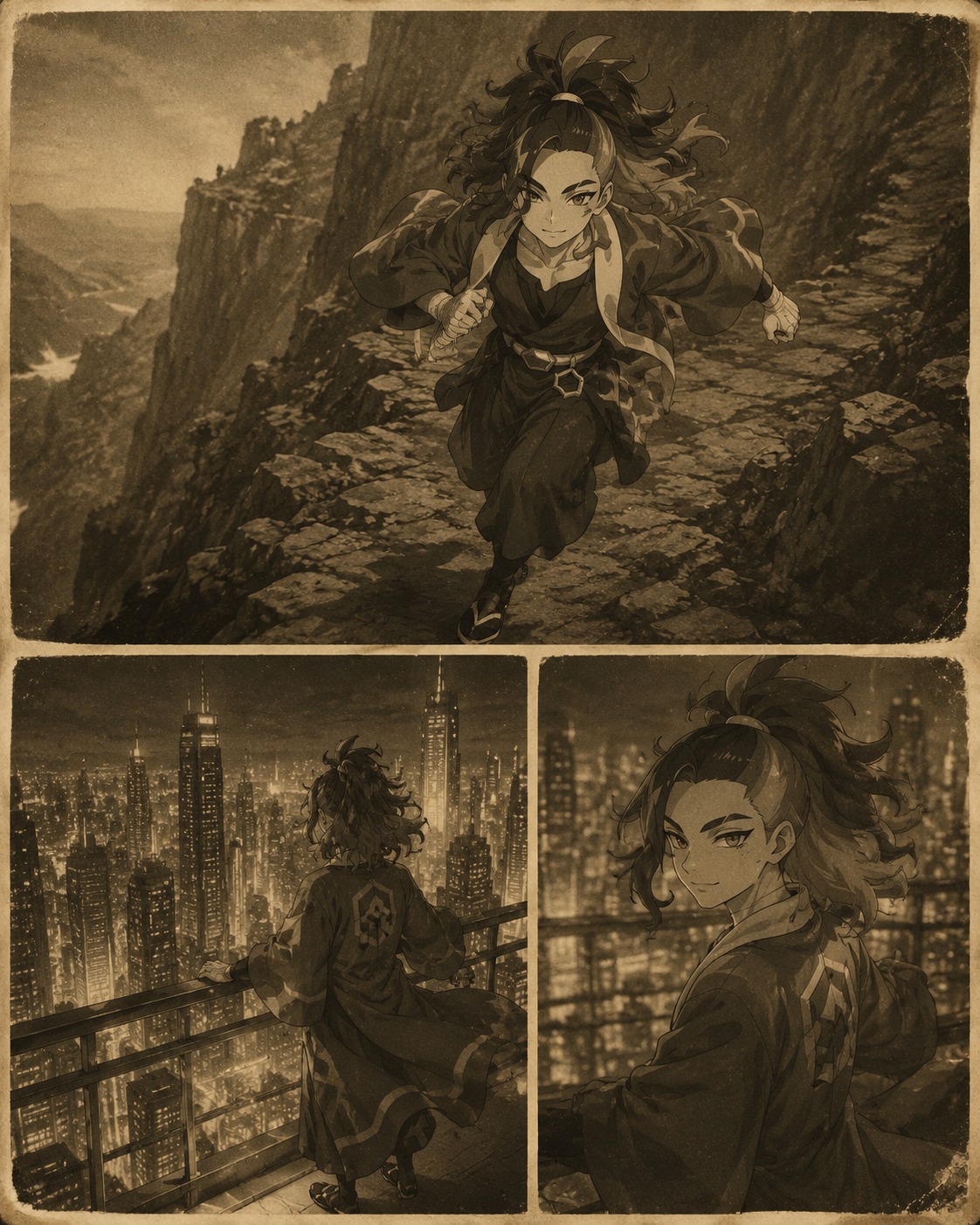 Sprinting across a treacherous rocky cliffside At a futuristic skyscraper balcony overlooking neon lights (vintage sepia photograph with grainy film texture)