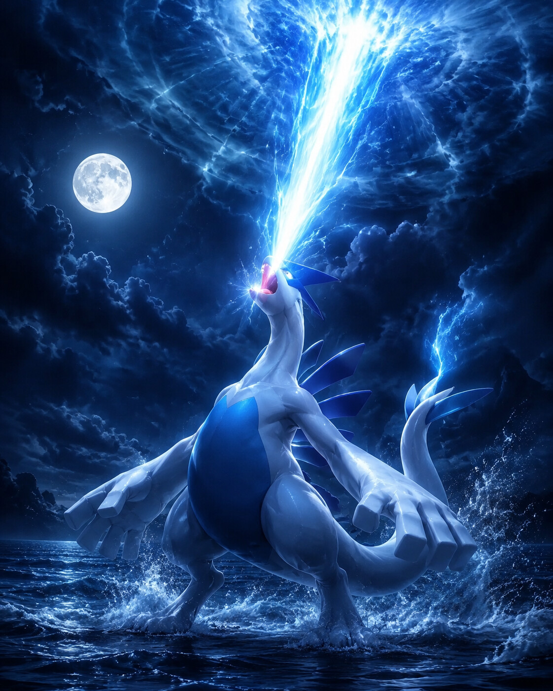 Unleashing a powerful Aeroblast toward the heavens on the surface of a moonlit midnight sea (cinematic digital art)
