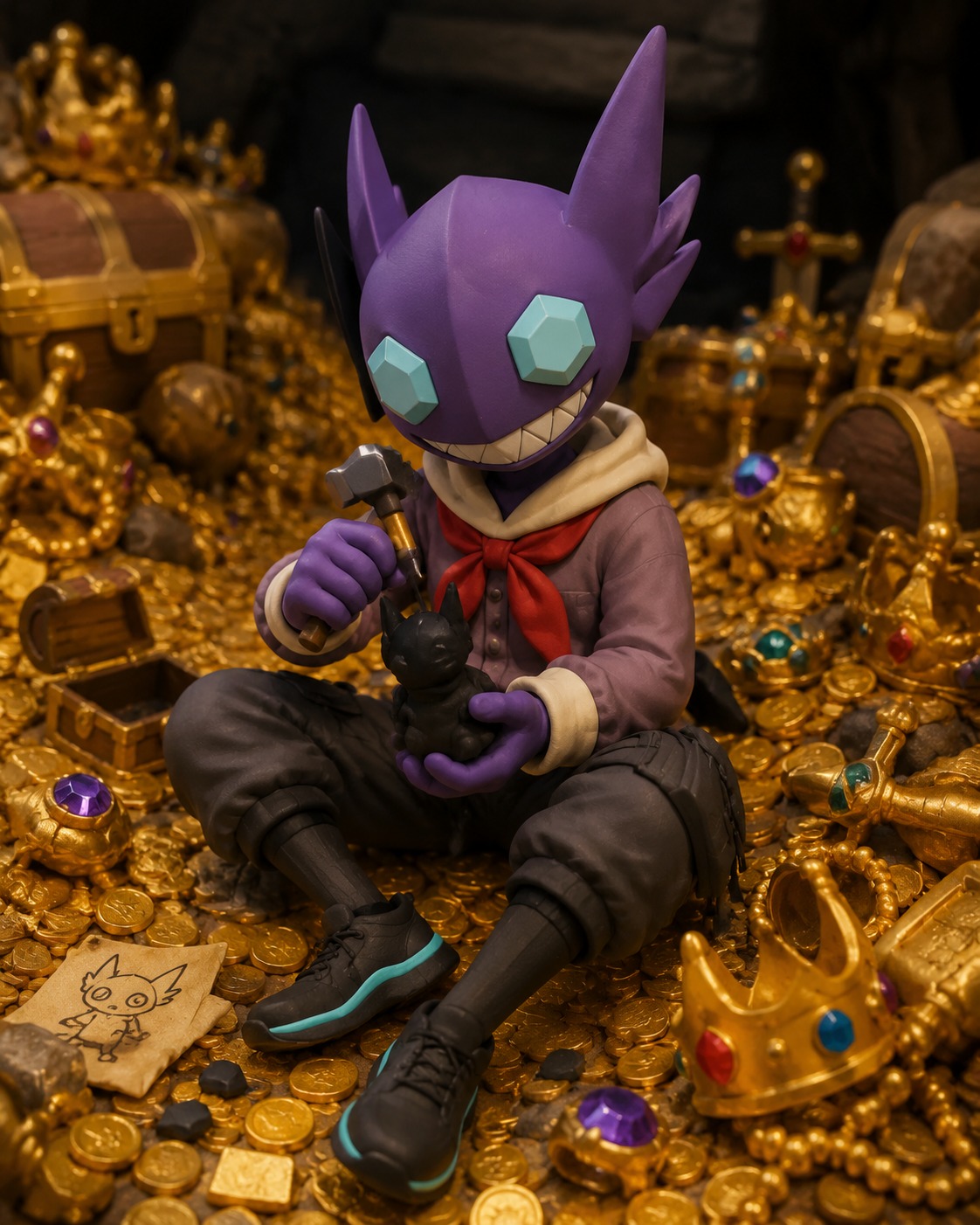 Carving a small figurine from obsidian On a massive pile of stolen gold treasure (3D claymation style with soft rounded edges)