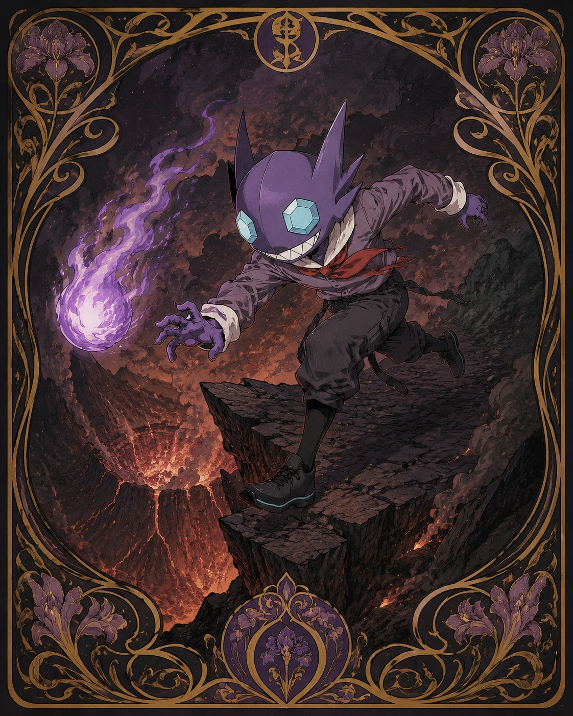Chasing a flickering purple will-o-wisp At the jagged edge of a volcanic crater (Art Nouveau with intricate gold filigree borders)