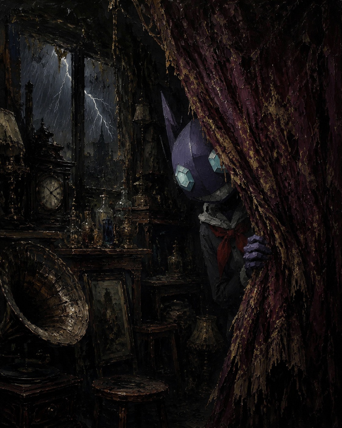Hiding behind a heavy tattered velvet curtain In a cluttered antique shop during a thunderstorm (dark oil painting with heavy impasto texture)