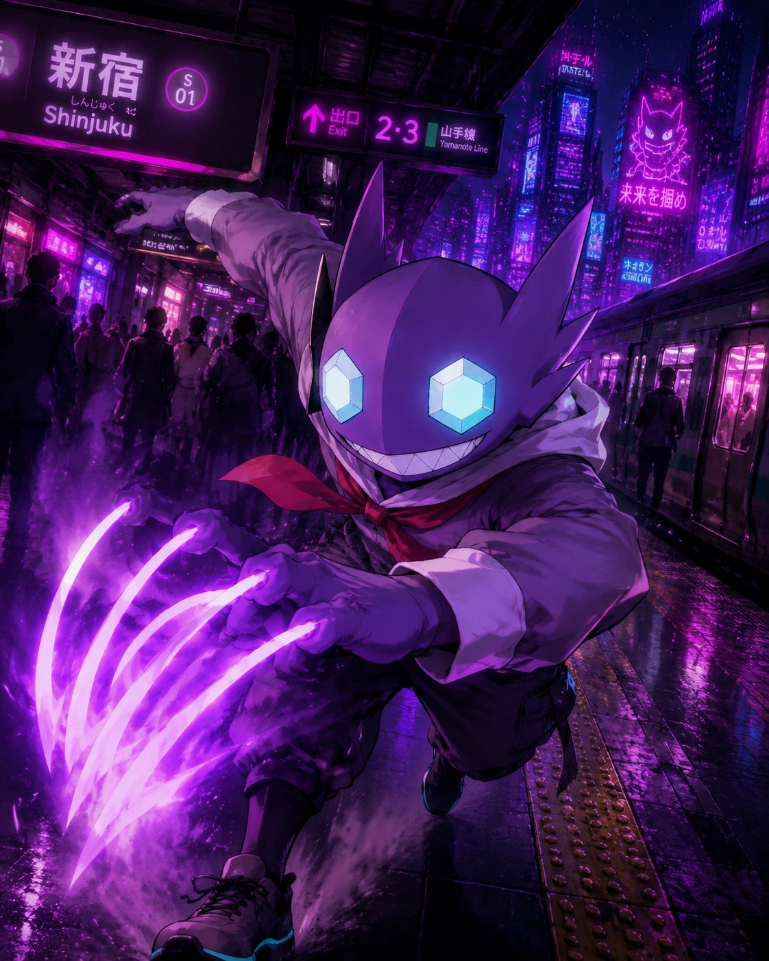 Lunging forward with a glowing shadow claw On a busy city subway platform at midnight (neon synthwave aesthetic with vibrant purple glow)