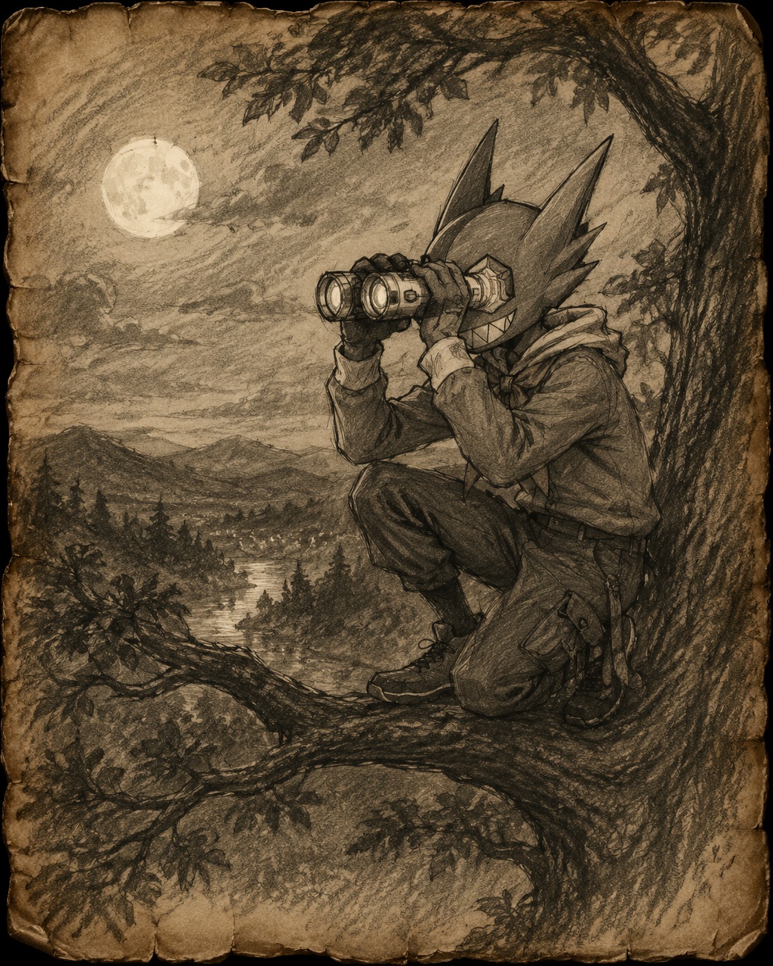 Peering through a pair of high-tech binoculars On a moonlit forest branch overlooking a valley (rough charcoal sketch on aged parchment)