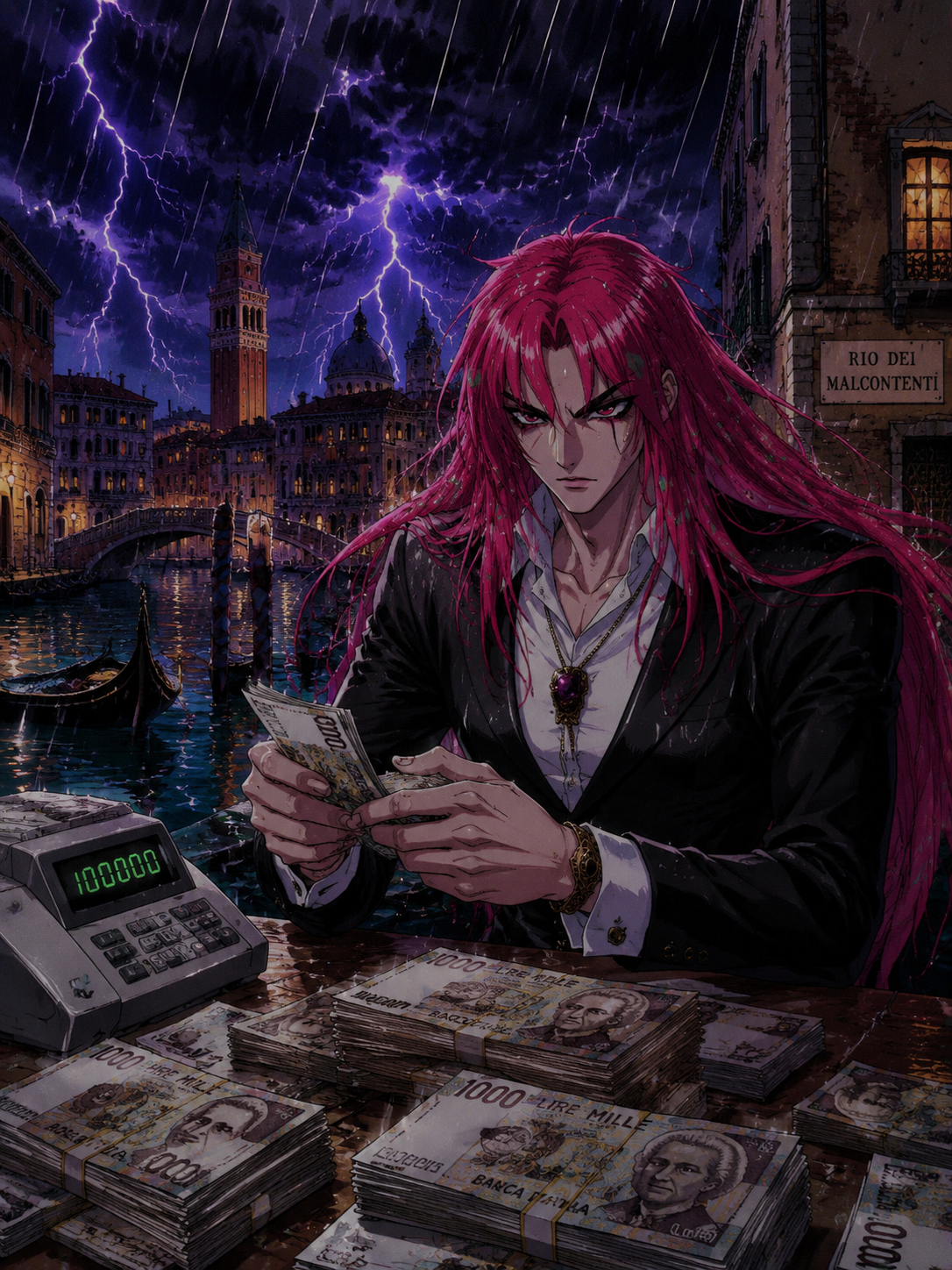 Counting stacks of counterfeit lira banknotes At a Venetian canal during a heavy thunderstorm (90s retro anime style, cel-shaded with vibrant colors)