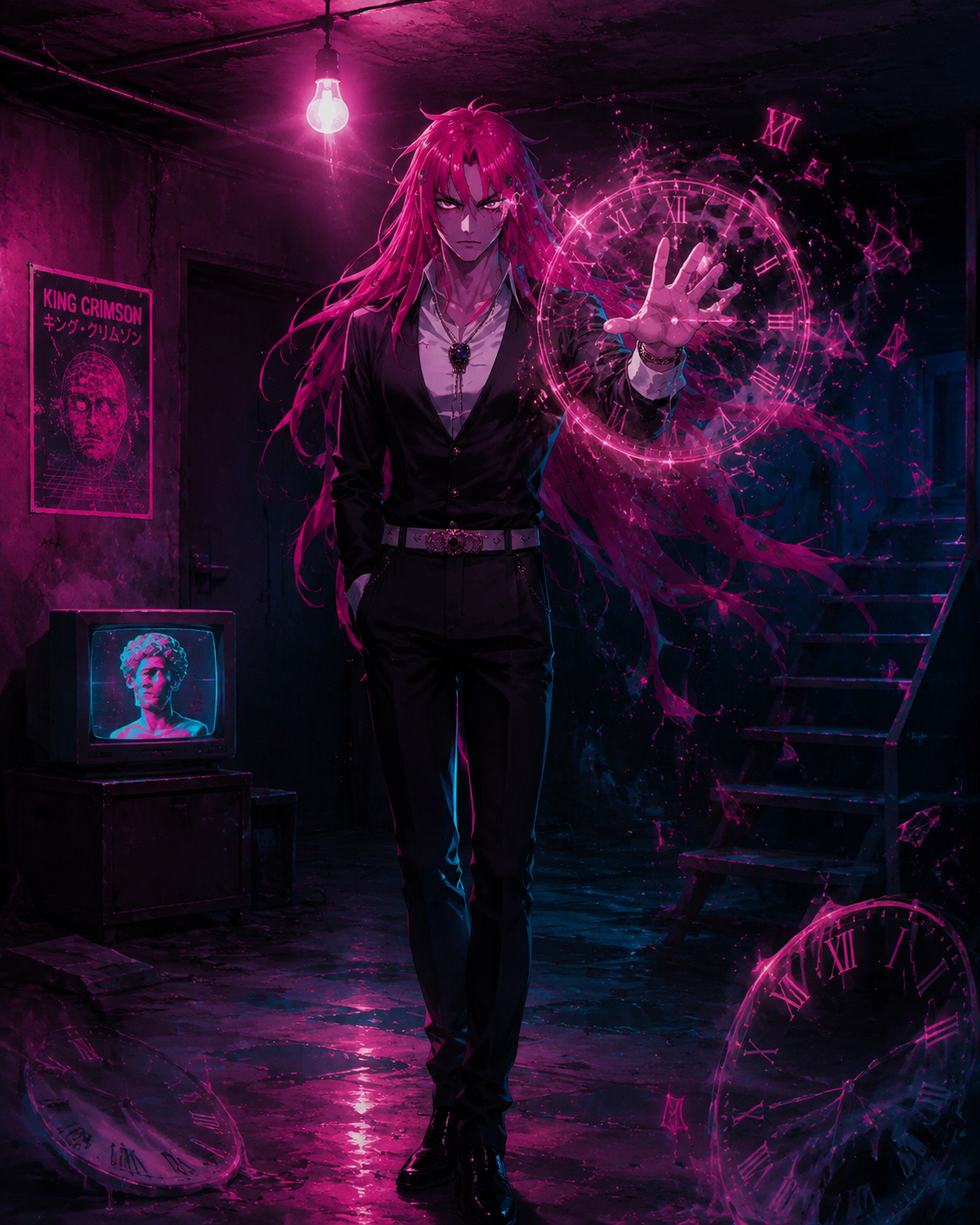 Erasing time with king crimson's reality-warping power In a dim basement lit by a single bulb (vaporwave aesthetic, glowing neon pink and cyan hues)