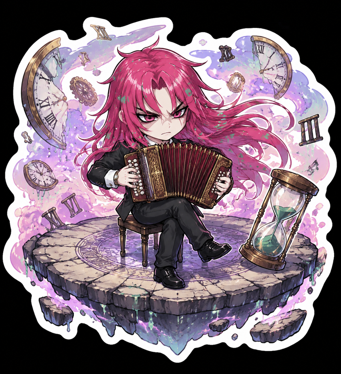 Playing a vintage accordion with focused intensity On a floating platform within the erased time dimension (chibi sticker art, bold outlines and pastel colors)
