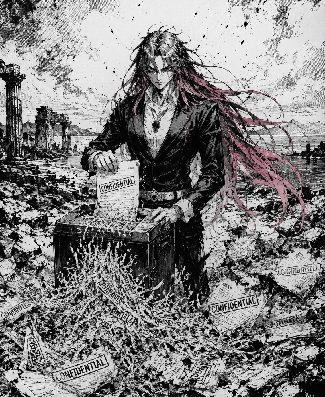 Shredding confidential documents into a messy pile At a desolate ruins site in Sardinia (gritty manga ink sketch, rough hatching and splatters)