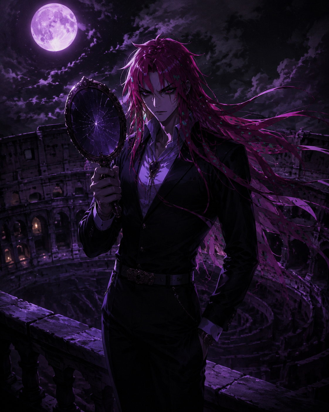 Staring intensely into a cracked hand mirror At the top of the Roman Colosseum under moonlight (cinematic noir, high contrast with dramatic purple shadows)