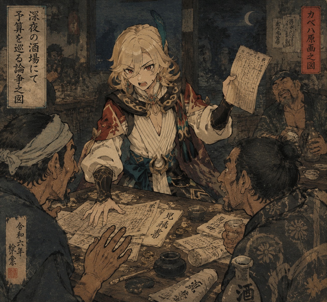 Arguing over a project budget At a messy tavern table at midnight (ukiyo-e woodblock print aesthetic)