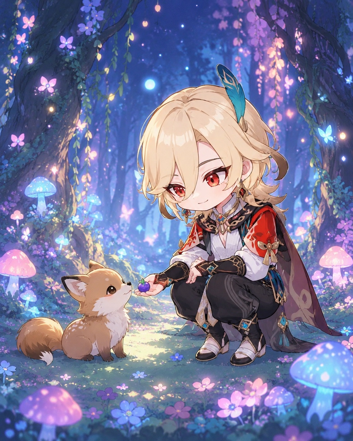 Feeding a stray forest animal In a glowing bioluminescent forest clearing (chibi cute, pastel colors)