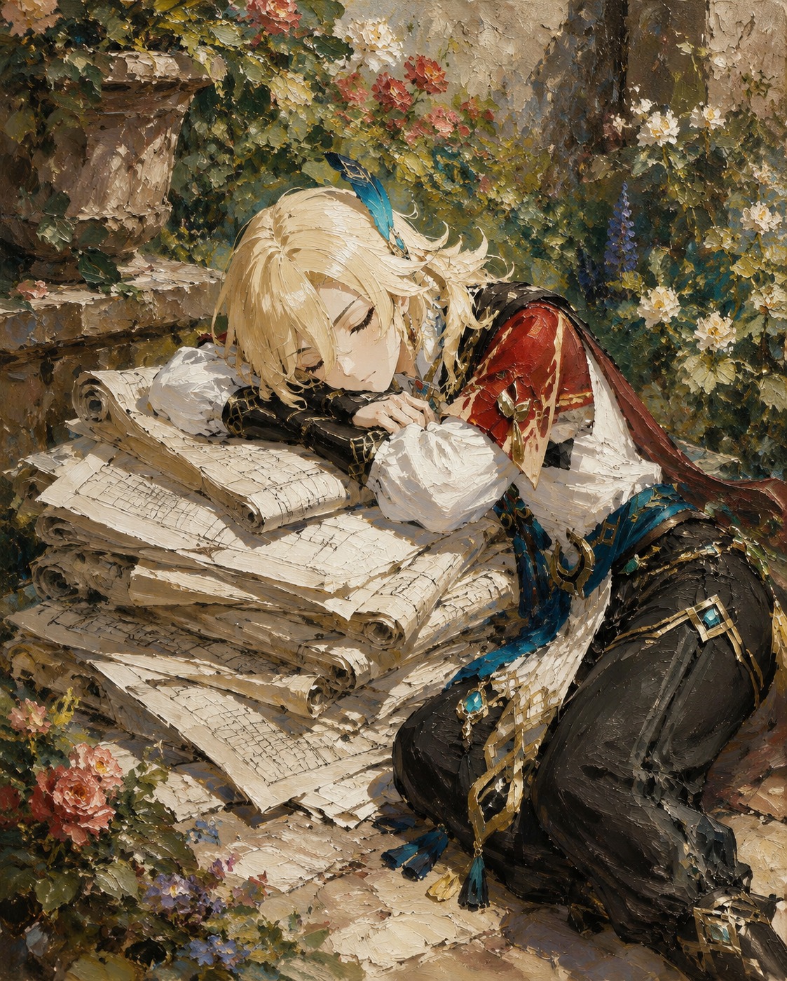 Napping on a stack of floorplans In a quiet garden of blooming flowers (oil painting, thick impasto strokes)