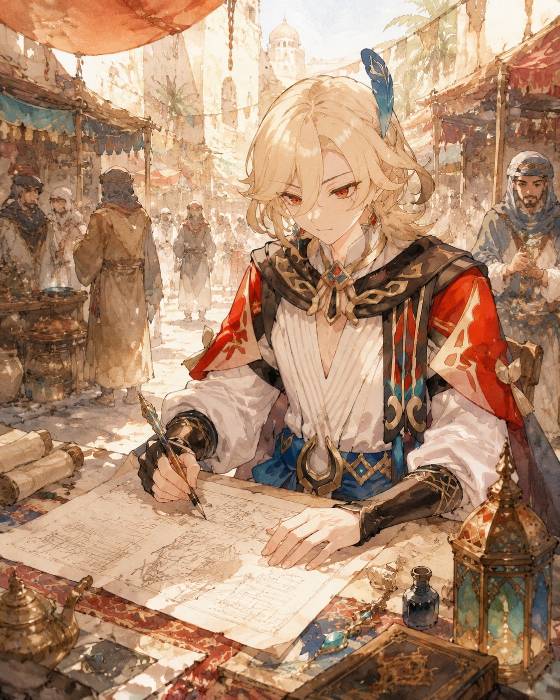 Sketching intricate blueprints At a bustling desert bazaar (watercolor anime, soft lighting)