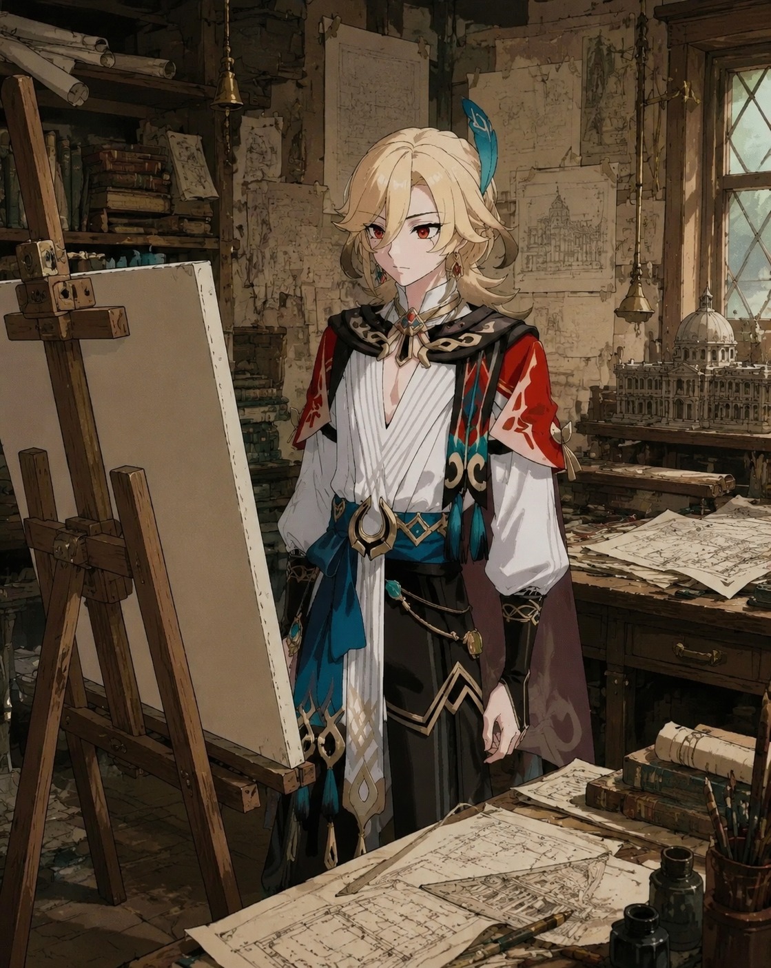Staring blankly at an empty canvas In a cluttered architect's workshop (90s retro anime style)