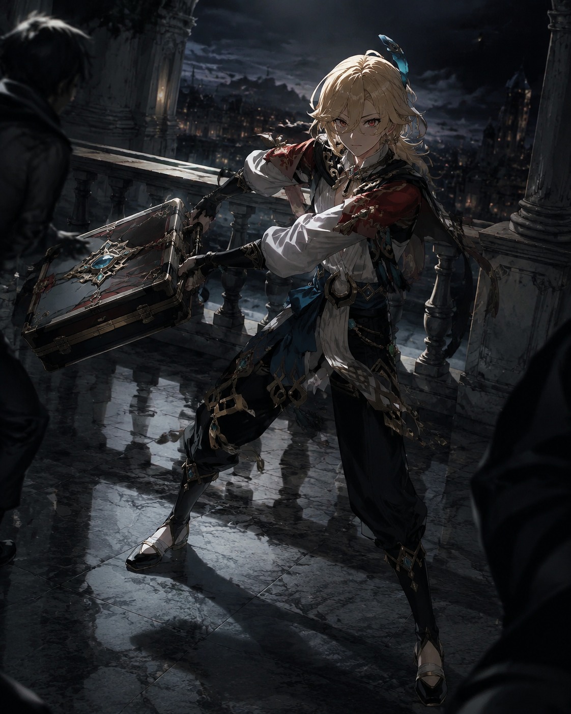 Swinging his suitcase mehrak in combat On a marble balcony overlooking the city (cinematic noir, dramatic shadows)