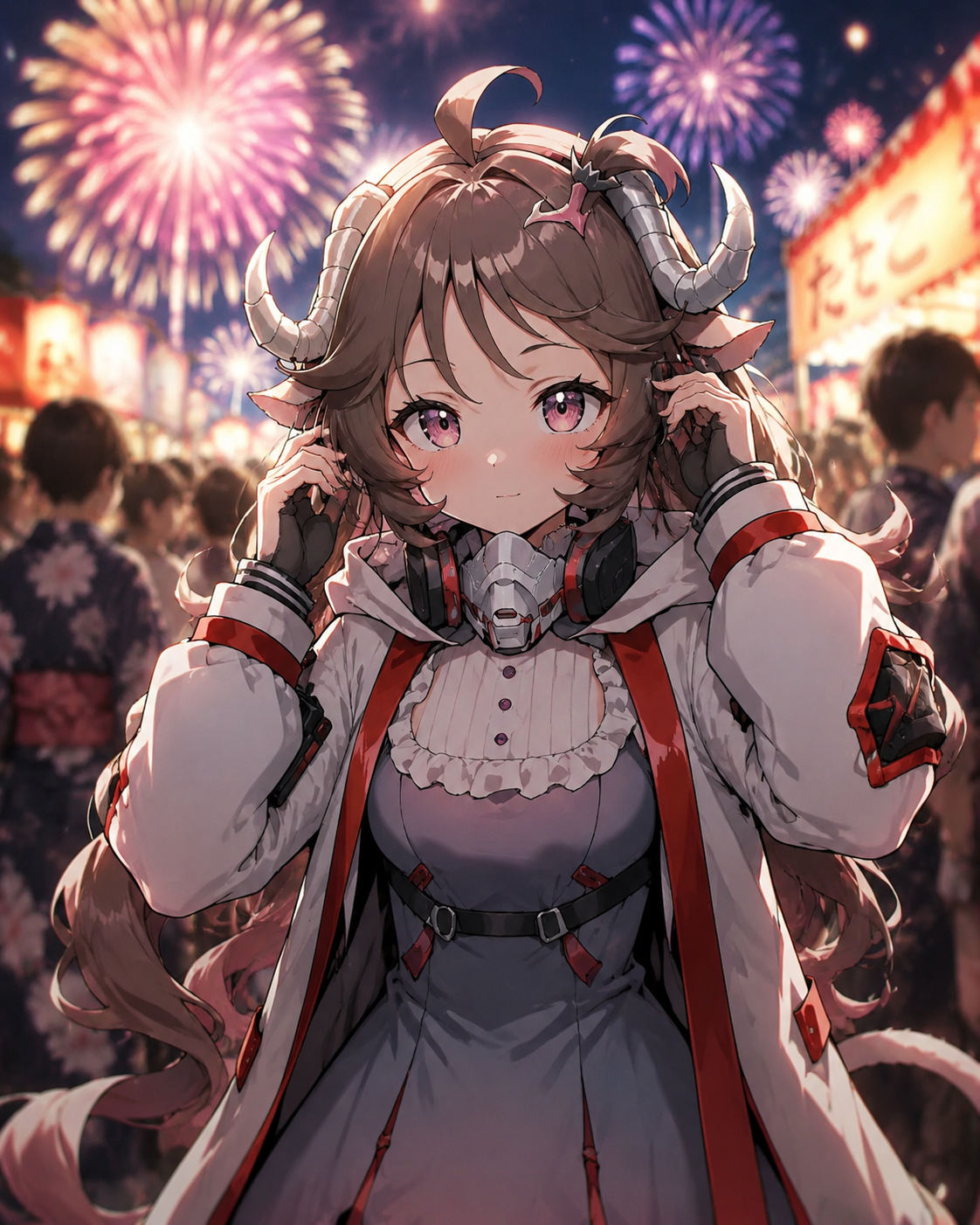 Adjusting her hearing aids with a focused expression At a crowded summer festival during the fireworks (digital concept art with sharp focus and bokeh)