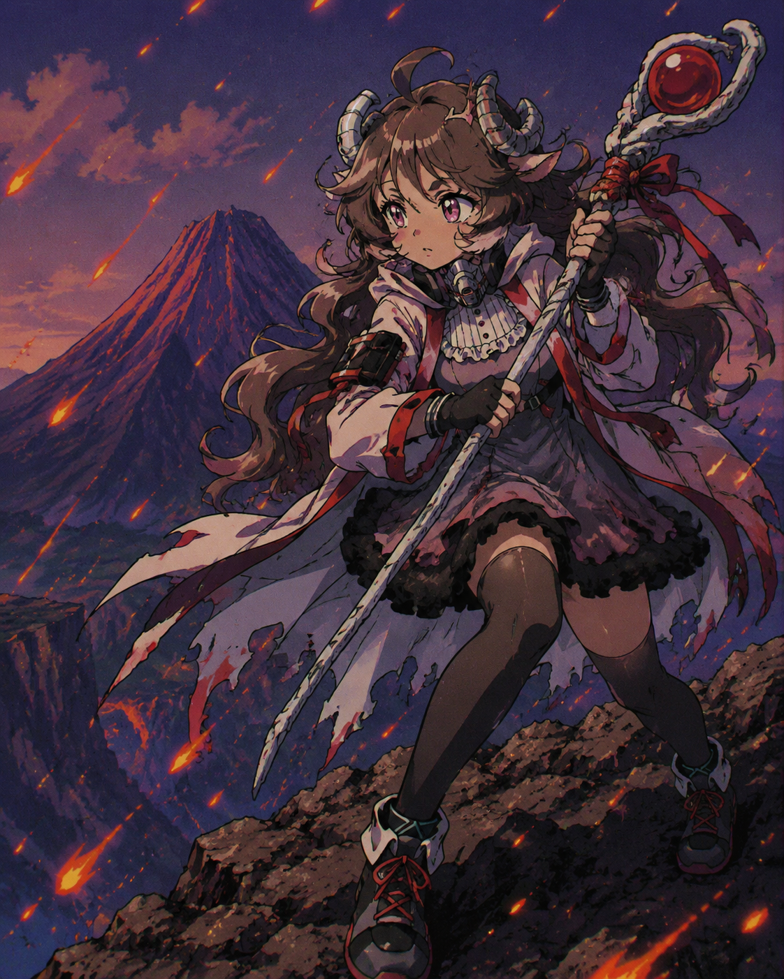 Clutching her staff while dodging falling embers On a rocky ridge overlooking a dormant volcano (retro 90s cel-shaded anime aesthetic)