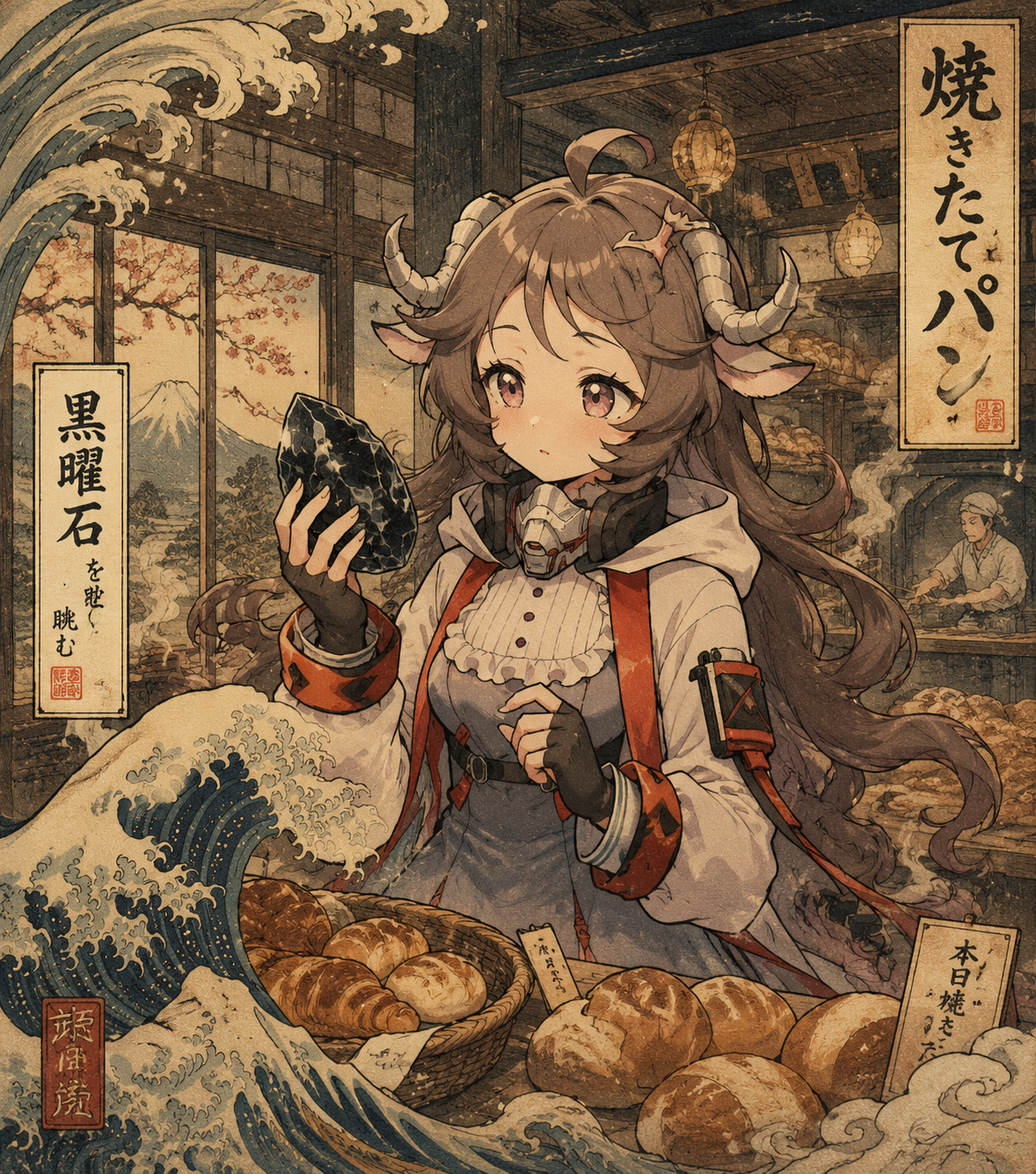Examining a piece of obsidian In a cozy bakery smelling of fresh bread (Ukiyo-e woodblock print style with flowing wave patterns)