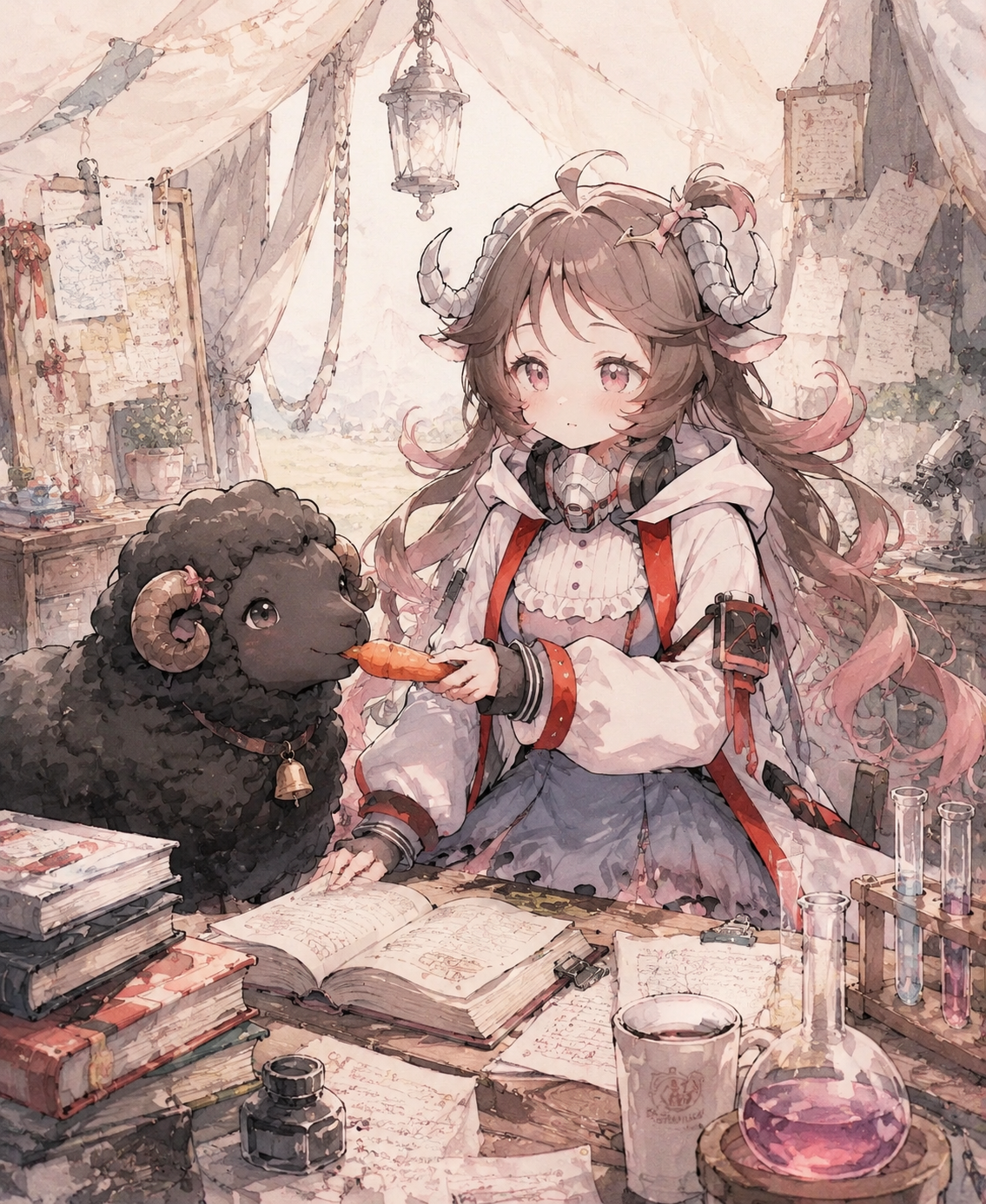 Feeding a fluffy black sheep a carrot At a cluttered desk inside a research tent (soft watercolor anime with delicate pastel washes)