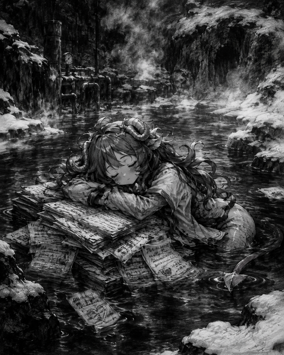 Napping on a pile of research notes In a snow-covered geothermal hot spring (dark gothic charcoal sketch with high contrast)