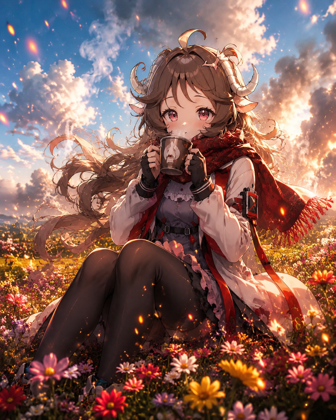 Sipping warm cocoa through a thick scarf In a field of bright wildflowers under a blue sky (dramatic cinematic lighting with glowing embers and smoke)